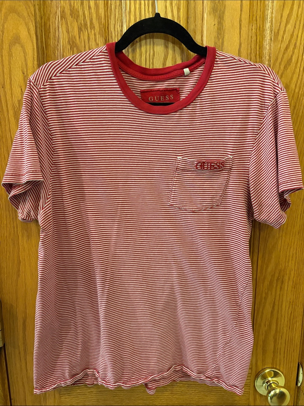 GUESS Red & White Striped Pocket Tee